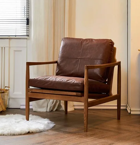 Vista 4 de Sofá de esponja de alta elasticidad Sofá moderno simple perezoso sofá retro hotel de madera maciza diseño de sofá individual silla de ocio Silla