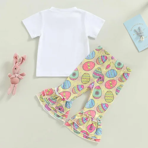 Vista 7 de Traje de Pascua para bebé niña, camiseta de manga corta de conejomameluco con pantalones acampanados, traje de Pascua para niña pequeña