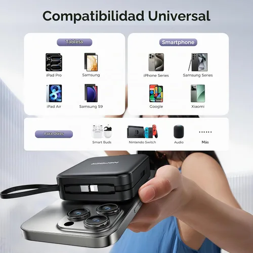 Vista 5 de Banco portátil del poder del cargador 10000mAh construido en cables y enchufe de pared PD 22.5W USB C carga rápida, carga inalámbrica magnética