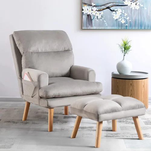 Vista 9 de INZOY Sillas Accent con Otomano, Sillón de Terciopelo Moderno con Respaldo Ajustable, Cómoda Silla de Salón para Sala de Estar Dormitorio, Crema