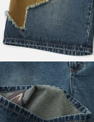 Vista 4 de Vamtac Pantalones cortos de mezclilla para hombre, diseño de retazos de estrellas, tiro medio, casual, holgado, para verano, pantalones de mezclilla
