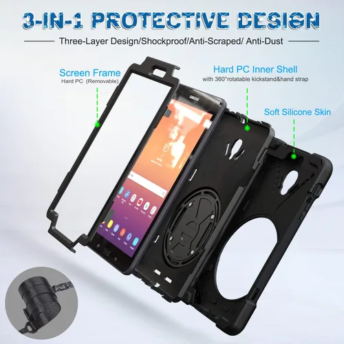 Vista 3 de Galaxy tab A 8.0 2017 estuche (SM-T380 / T385), BRAECN tres capa resistente de parachoques duro de silicona suave con 360 grados pie de apoyo Negro