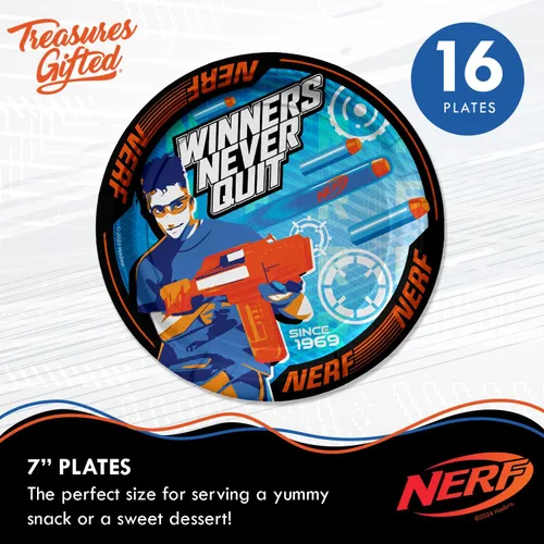 Vista 3 de Treasures Gifted Suministros para fiestas Nerf con licencia oficial – Sirve a 16 invitados – Juego clásico de vajilla – Decoraciones de fiesta
