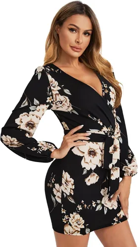 Vista 4 de Floerns Vestido corto de manga larga con cuello en V y estampado floral para mujer