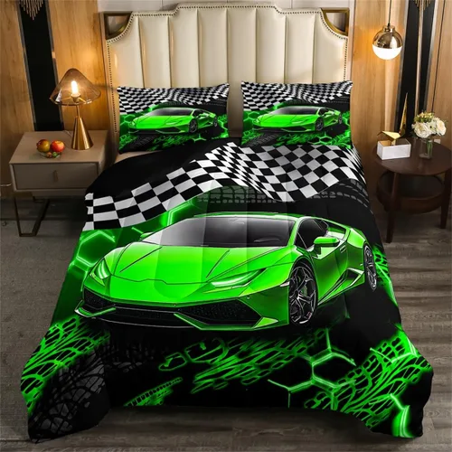 Vista 13 de Feelyou Juego de ropa de cama de coche de carreras para niños y niñas, tamaño individual, juego de edredón deportivo de velocidad para adolescentes