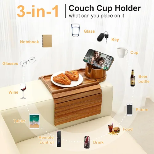 Vista 9 de Bandeja para portavasos de sofá, mesa de madera de acacia con soporte para teléfono, bandeja plegable grande para sofá para mesa de aperitivos