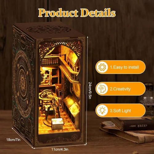 Vista 4 de Kit de rincón de libro para adultos, kit de construcción de casa de muñecas en miniatura, rompecabezas de madera 3D con sensor de luz LED
