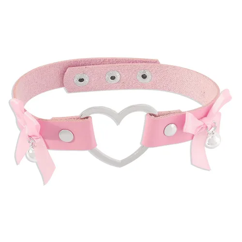 Vista 2 de Gargantilla gótica de cuero con forma de corazón, collar de campana con nudo de lazo, gargantilla punk sexy, collar de corazón hueco para mujer