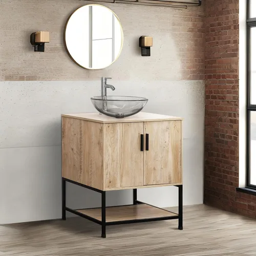 Vista 3 de UEV Mueble de baño de roble rústico de 30 pulgadas con lavabo, juego de gabinete de baño con marco de hierro industrial con puertas y estante