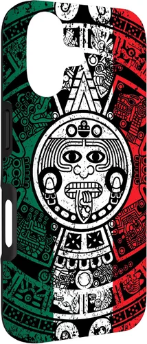 Vista 3 de Funda para iPhone 17 con calendario maya azteca con diseño de piedra solar envejecida de la bandera de México