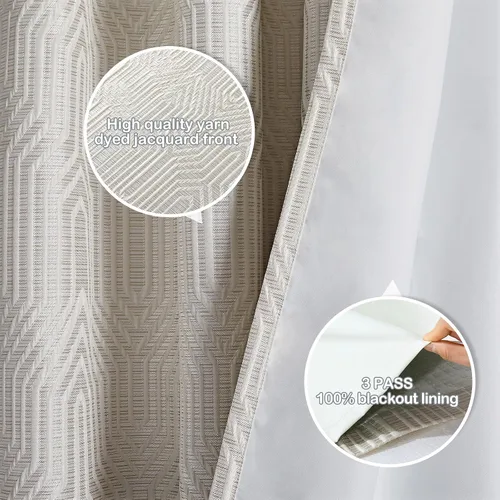 Vista 4 de Cortinas de patrón geométrico jacquard 100% opacas beige y plateado, 42 pulgadas de ancho y 63 pulgadas de largo, 2 paneles con aislamiento térmico
