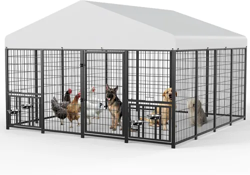 Vista 6 de Jaula grande para perros al aire libre ROOMTEC con comederos para perros, 10 pies de largo x 10 pies de ancho x 6.5 pies de alto