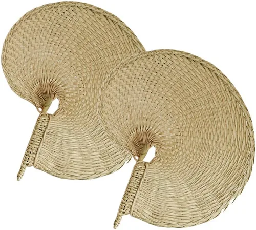 Vista 10 de TJCGCKK - Ventilador de paja tejida hecha a mano para verano, ventilador de mano de ratán, rafia, caña de caña, ventilador de paleta manual natural