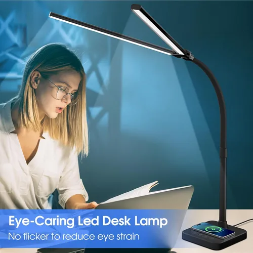 Vista 5 de ShineTech LED Desk Lamp, 24W Double Head Desk Light with Wireless Charging