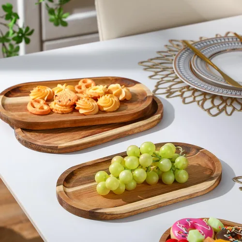 Vista 4 de Yaomiao 4 bandejas de madera de acacia ovaladas de madera rústica, bandeja decorativa grande natural para comida, charcutería, queso, pan, fruta