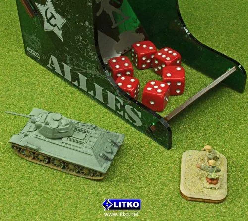 Vista 3 de Kit de torre de dados de la Segund Engraved flag-raising WWII scenes Holds up to 18 16mm dice (25mm max) Catch tray, ships flat & collapses