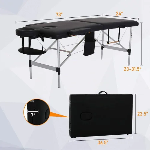 Vista 7 de Dkeli Mesa de masaje plegable de 73 pulgadas, cama de masaje portátil ajustable de 2 pliegues con patas de aluminio, base facial, funda de Negro