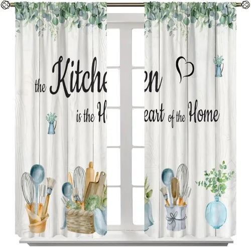 Vista 3 de Cortinas rústicas de cocina de granja, hojas verdes florales de primavera, cortinas retro de tablones de madera campestre para dormitorio, comedor