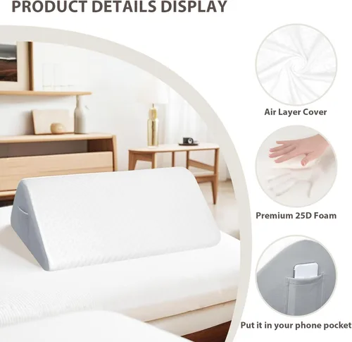 Vista 5 de Almohada de rodilla de espuma viscoelástica, funda blanca acolchada con base gris, soporte ortopédico