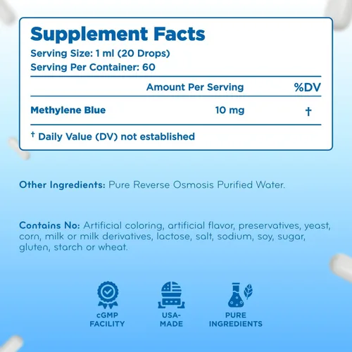 Vista 8 de Gotas de azul de metileno de grado farmacéutico – Azul de metileno puro 1% en solución de agua de ósmosis inversa para apoyo a la salud cerebral