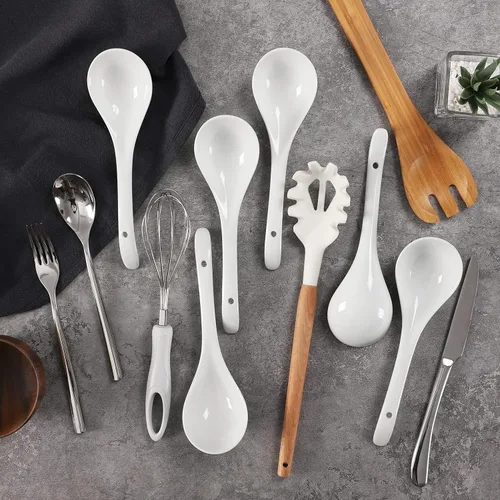 Vista 6 de Buyajuju Mini cucharones de porcelana, cucharas grandes de sopa de 9 pulgadas, 6 cucharones blancos de primera calidad para guisos, fideos chinos