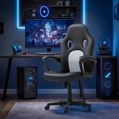 Vista 7 de Silla ejecutiva de piel para oficina, sala de conferencias o videojuegos con respaldo alto, ergonómica, ajustable., Blanco