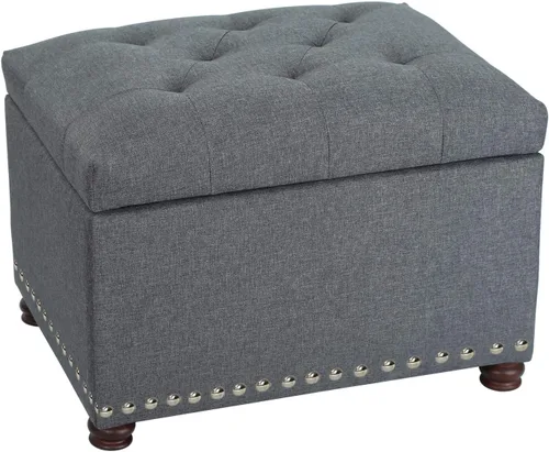 Vista 16 de Adeco Otomana Almacenadora Colorida con Almacenamiento, Otomana de 53 cm de Lino con Reposapiés y Tapa con Bisagra con Patrón de Hojas Azules