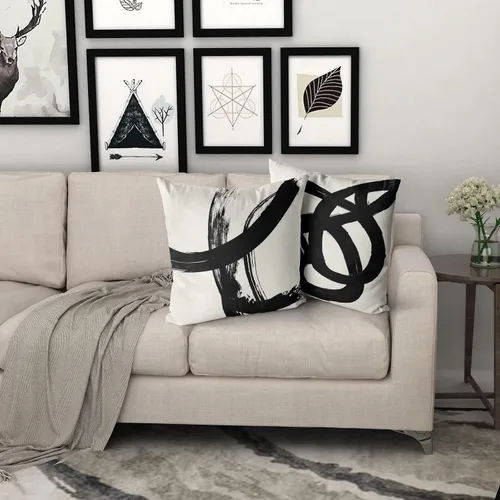 Vista 7 de Juego de 4 fundas de almohada abstractas de color negro y beige de 16 x 16 pulgadas, modernas fundas de cojín a rayas para sala de estar, sofá