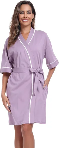 Vista 89 de COLORFULLEAF Bata de baño de manga corta para mujer, 100% algodón, longitud hasta la rodilla, con bolsillos
