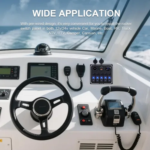 Vista 7 de Panel de interruptores de barco marino de 5 posiciones con cargador USB dual y voltímetro, panel de interruptores basculantes de aluminio