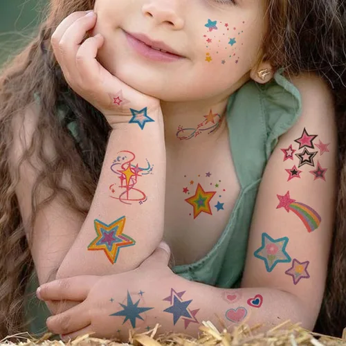 Vista 4 de CHARLENT Tatuajes temporales de estrellas con purpurina para niños, 74 hojas individuales, impermeables y fáciles de despegar, perfectos