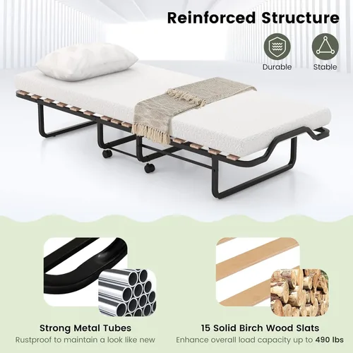 Vista 6 de KOMFOTT Cama plegable con colchón de espuma viscoelástica de 4 pulgadas, cama plegable para invitados con marco de acero resistente, cuna portátil