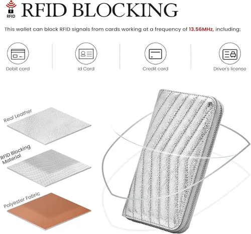 Vista 5 de befen Cartera acolchada de cuero genuino para mujer, con cremallera RFID alrededor de diseñador, cartera
