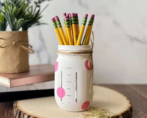 Vista 4 de Centros de mesa de tarro de masón pintado para mesas, tarros de pinta para centros de mesa, soporte para bolígrafos de tarro pequeño, decoración