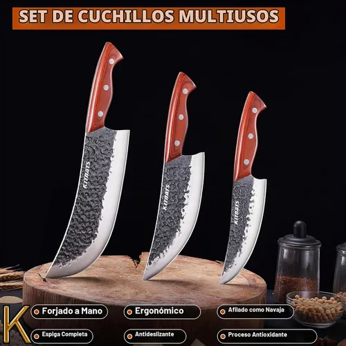 Vista 4 de Juego de cuchillos de carnicero profesional, cuchilla de carne pesada forjada a mano, cuchillo de chef serbio, cuchillo de deshuesado vikingo, juego
