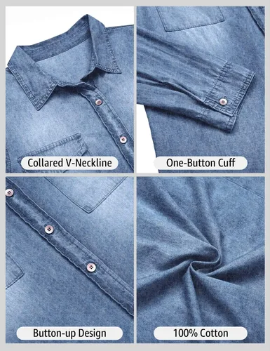 Vista 6 de luvamia Camisa vaquera de chambray para mujer, camisas occidentales de manga larga con botones
