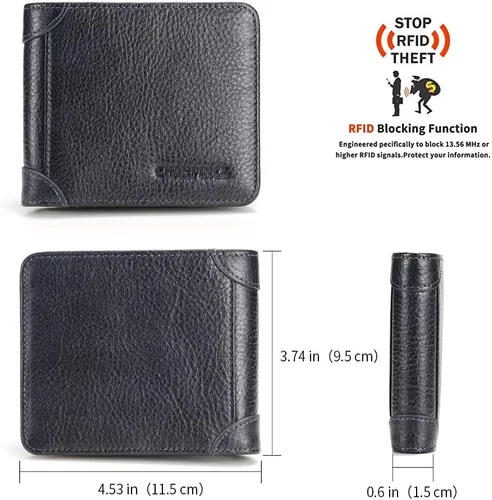 Vista 9 de Billetera de piel triple con bloqueo RFID para hombre con 2 ventanas de identificación, 2 compartimentos para efectivo, 6-8 ranuras para tarjetas