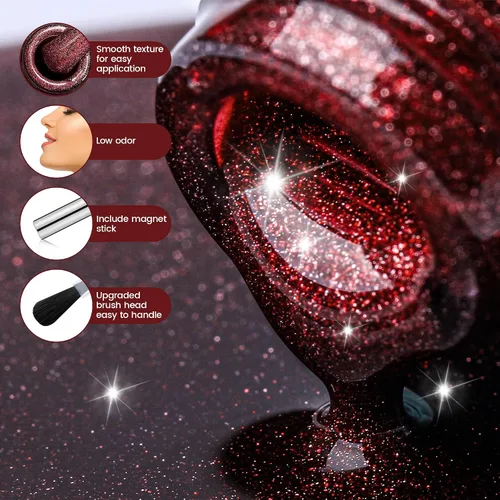 Vista 10 de YTD Likomey - Juego de esmaltes de uñas de gel de ojo de gato, 8 colores con purpurina magnética de cristal, borgoña, rojo, negro, verde, ciruela