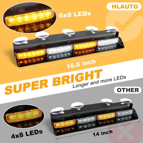 Vista 2 de HLauto Luces estroboscópicas de emergencia 6Z4J: luces de seguridad blancas ámbar de 2 x 16.8 pulgadas, 48 luces LED intermitentes de advertencia