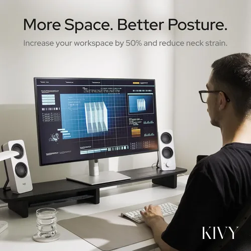 Vista 3 de KIVY Elevador de monitor doble con estante de metal integrado [hecho a mano], estante de escritorio de madera para 2 monitores, soporte largo ancho