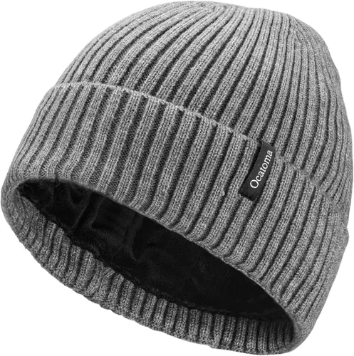 Vista 18 de Ocatoma Gorro para hombre y mujer, cálido gorro de invierno tejido con puños, suave y cálido, gorro de esquí unisex Camello gris