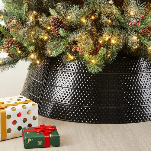 Vista 6 de glitzhome Christmas Tree Collar, 40.5" D Christmas Black Hammered Metal Tree Collar, Decorative Christmas Tree Base Cover Tree Ring for Christmas