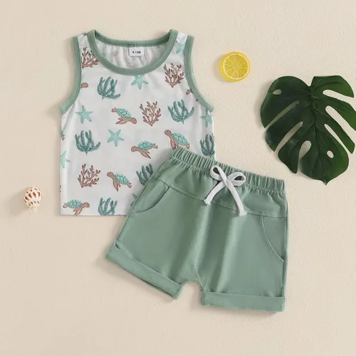 Vista 50 de Ropa de bebé niño sin mangas + pantalones cortos con estampado a rayas con bolsillos, 2 piezas de trajes de verano