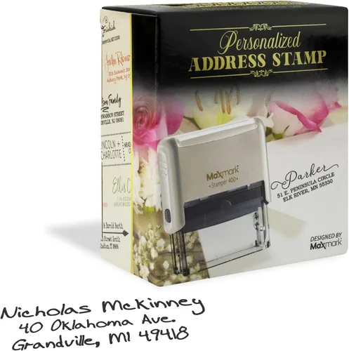 Vista 15 de Sello autoentintado con dirección de retorno, regalo perfecto para las fiestas en una elegante caja de regalo. Elige entre 15 colores de tinta