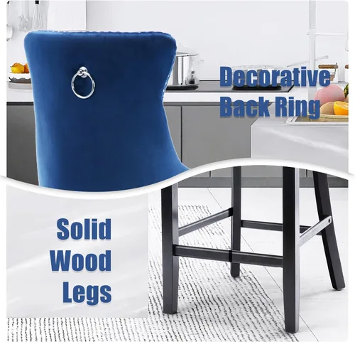Vista 136 de SoarFlash Juego de 2 taburetes de bar tapizados de terciopelo moderno con patas de madera, botones acolchados, cabeza de clavo cromada, asiento