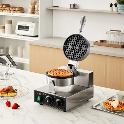 Vista 8 de VEVOR Gofrera Comercial, Máquina de Waffles Redonda de 1230W, Plancha de Waffles Belga Antiadherente de Acero Inoxidable con Control de Temperatura