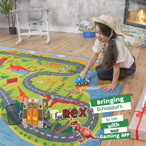 Vista 2 de KC Cubs 5x7 Alfombra de dinosaurios con coche de juguete Dino – Alfombra de juego educativa para niños, bebés, guardería, aula, sala