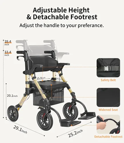 Vista 6 de VOCIC Andadores para personas mayores, andador con ruedas con asiento, silla de ruedas transportable ligera plegable, andador rodante para adultos