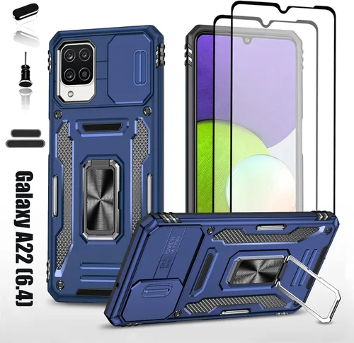 Vista 9 de Funda resistente para Samsung Galaxy A22 (4G), protector híbrido de goma de doble capa de grado militar con protector de cámara deslizante, soporte