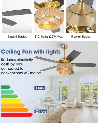 Vista 6 de Parrot Uncle Ventiladores de techo con luces y control remoto, ventilador de techo rústico de 52 pulgadas para dormitorio, ventiladores de techo al